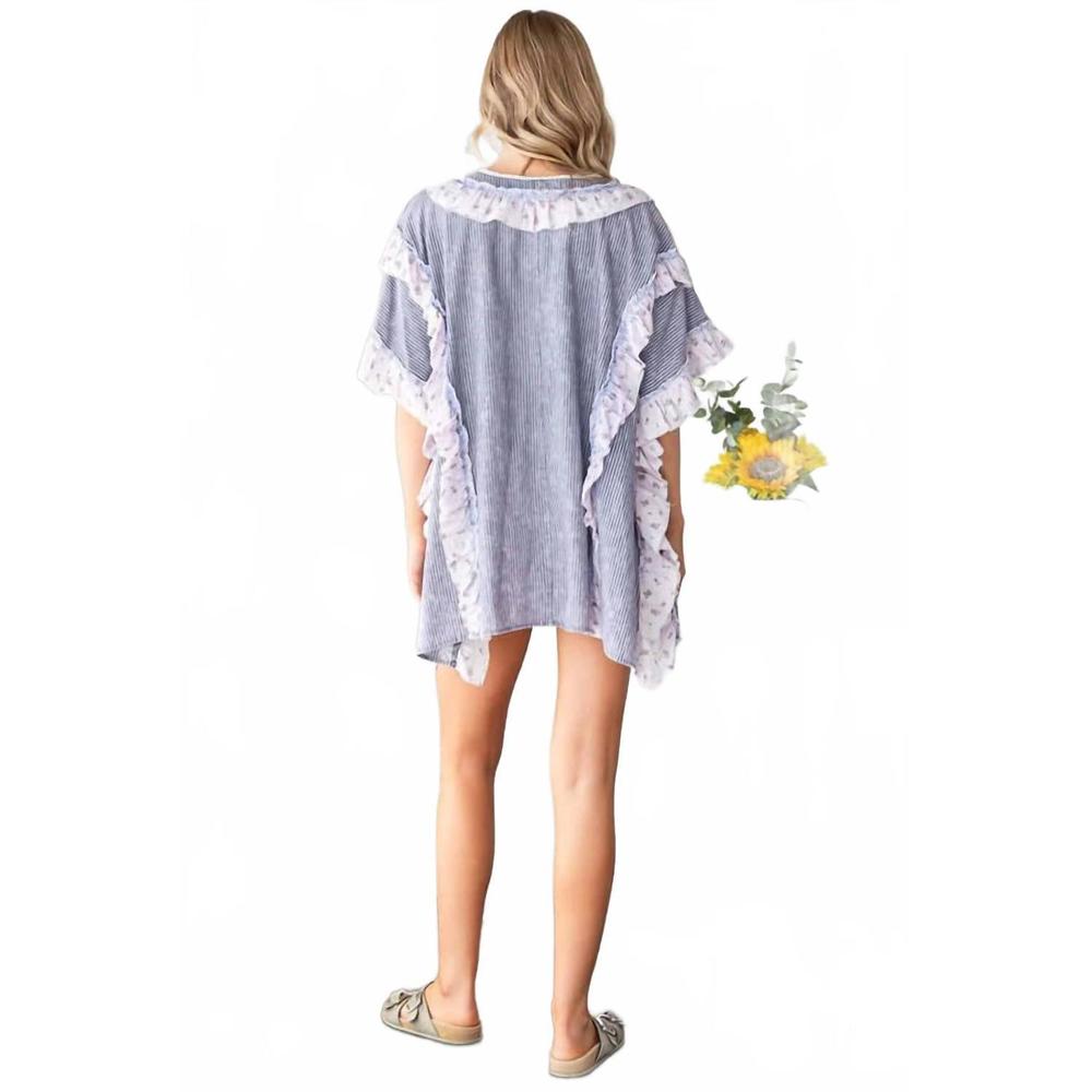NEW OLI & HALI v-neck stripe ruffle top in lavender/ blue - Picture 2 of 2
